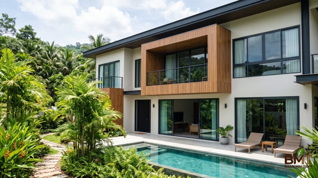 บ้านโมเดิร์นตกแต่งผนังและฟาซาดด้วยไม้เทียม